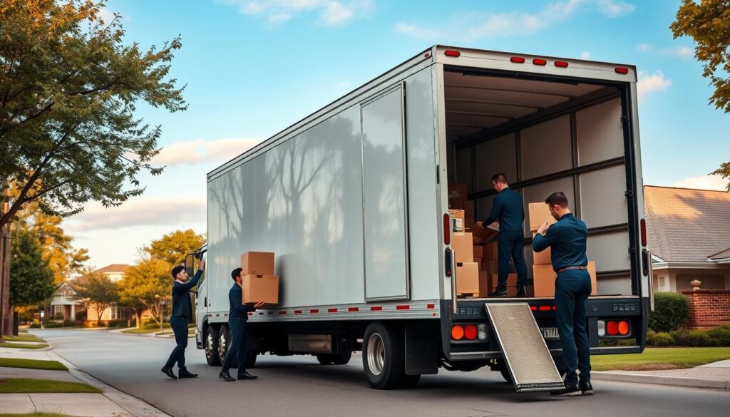 A vibrant scene capturing the essence of a professional moving service from Dallas to Trophy Club. In the foreground, a friendly moving team in smart business attire efficiently loads a modern moving truck with neatly packed boxes and furniture, showcasing teamwork and precision. The middle ground features the truck parked on a well-maintained suburban street, with a clear blue sky overhead and trees lining the sidewalk. In the background, charming houses represent the Trophy Club community. Soft, natural lighting casts a warm glow, enhancing the atmosphere of reliability and professionalism. The overall mood is positive and coordinated, reflecting a well-organized moving experience.