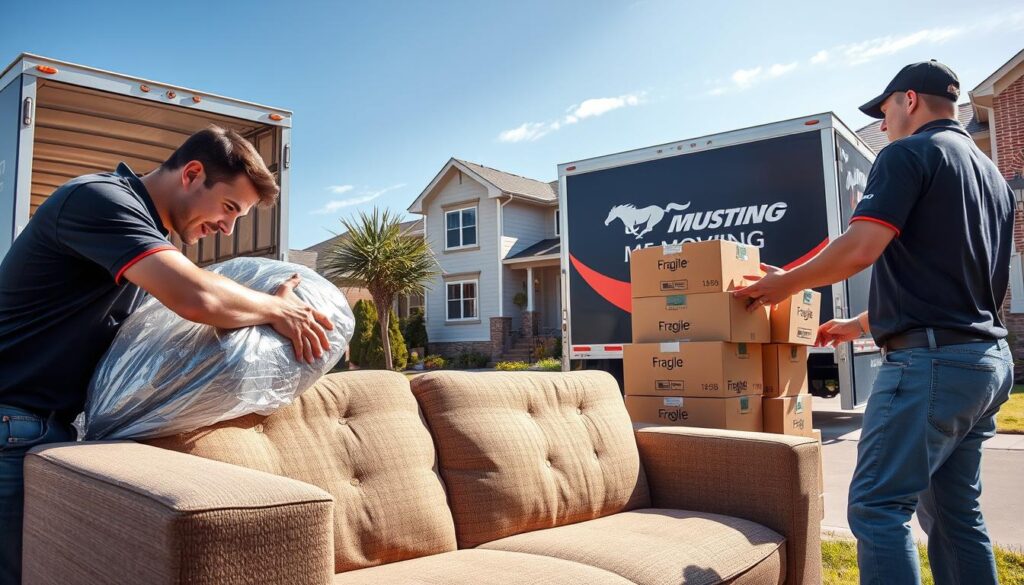 A vibrant scene showcasing professional movers in action, dressed in neat, branded uniforms, packing furniture into a modern moving truck. In the foreground, one mover carefully wraps a large couch in bubble wrap while another stacks boxes labeled “Fragile” in a meticulous manner. The middle ground features the moving truck with the Mustang Moving logo clearly visible, parked in front of a charming suburban home with well-manicured lawns. In the background, a clear blue sky hints at a sunny day, enhancing the feeling of reliability and professionalism. Soft, natural lighting illuminates the entire scene, creating a warm, inviting atmosphere that conveys trust and commitment to service. The composition is captured with a slightly wide-angle lens to encompass all elements seamlessly. A vibrant scene showcasing professional movers in action, dressed in neat, branded uniforms, packing furniture into a modern moving truck. In the foreground, one mover carefully wraps a large couch in bubble wrap while another stacks boxes labeled “Fragile” in a meticulous manner. The middle ground features the moving truck with the Mustang Moving logo clearly visible, parked in front of a charming suburban home with well-manicured lawns. In the background, a clear blue sky hints at a sunny day, enhancing the feeling of reliability and professionalism. Soft, natural lighting illuminates the entire scene, creating a warm, inviting atmosphere that conveys trust and commitment to service. The composition is captured with a slightly wide-angle lens to encompass all elements seamlessly.