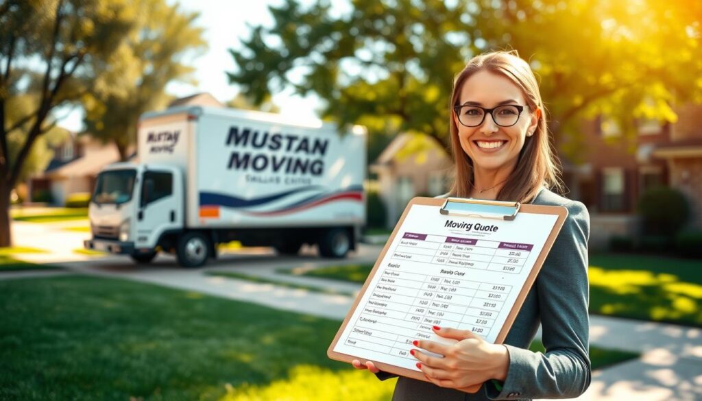 A visually appealing scene capturing a moving quote concept. In the foreground, a clipboard with a neatly displayed moving quote, featuring clear itemized listings of services and costs, held by a professional woman in business attire, smiling confidently. The middle ground shows a modern moving truck parked nearby, emblazoned with the logo 