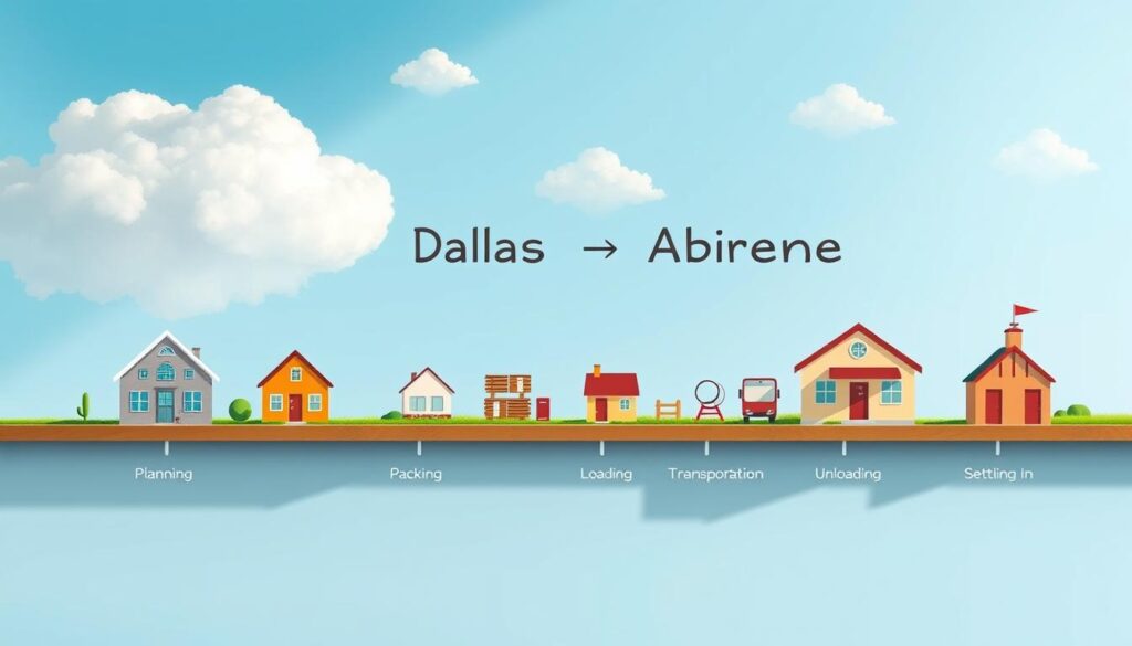 A visually engaging moving timeline illustration, highlighting the stages of a move from Dallas to Abilene. In the foreground, depict cartoon-style houses representing Dallas and Abilene, connected by a dynamic arrow symbolizing the moving journey. In the middle ground, incorporate six distinct icons or symbols representing each stage of the moving process—planning, packing, loading, transportation, unloading, and settling in—arranged along the timeline. The background features a serene blue sky with fluffy white clouds, suggesting a smooth transition. Soft, natural lighting casts shadows that give depth. Capture the mood of hope and organization, emphasizing reliability and professionalism in the moving process. The composition should be clear, colorful, and appealing, without any text or distractions. A visually engaging moving timeline illustration, highlighting the stages of a move from Dallas to Abilene. In the foreground, depict cartoon-style houses representing Dallas and Abilene, connected by a dynamic arrow symbolizing the moving journey. In the middle ground, incorporate six distinct icons or symbols representing each stage of the moving process—planning, packing, loading, transportation, unloading, and settling in—arranged along the timeline. The background features a serene blue sky with fluffy white clouds, suggesting a smooth transition. Soft, natural lighting casts shadows that give depth. Capture the mood of hope and organization, emphasizing reliability and professionalism in the moving process. The composition should be clear, colorful, and appealing, without any text or distractions.