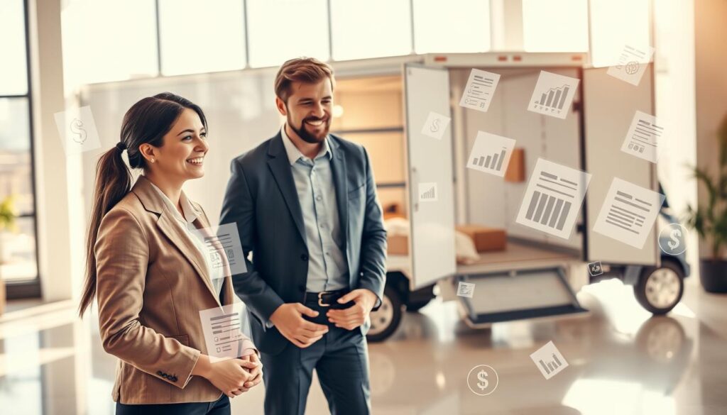 A visually engaging scene illustrating transparent pricing for moving services. In the foreground, a professional couple in business attire, smiling, appears to consult with a friendly, helpful moving company representative. They are surrounded by clear, floating icons representing pricing, such as dollar signs, checklists, and graphs. In the middle ground, you see a sleek moving truck with a transparent door, revealing clearly marked pricing sheets and estimates within. The background depicts a bright, modern office setting with large windows allowing natural light to flood in, creating an inviting atmosphere. The lighting is warm and inviting, emphasizing clarity and trust, with a focus on transparency. Angle the shot to capture a slightly elevated perspective, highlighting the interaction between the couple and the representative.