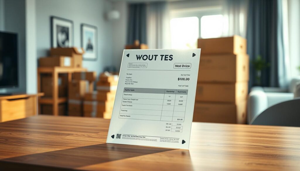 A visually striking image showcasing a transparent quote document for moving services. In the foreground, there is a crisp, translucent quote page placed elegantly on a modern wooden desk, with soft lighting casting gentle shadows, creating a professional atmosphere. In the middle ground, stacks of neatly organized moving boxes in varying sizes are arranged, indicating preparedness for relocation. The background features a blurred image of a well-furnished room, hinting at a home environment. The mood conveys reliability and transparency, using warm, inviting colors to evoke trust. The lighting is soft, emulating morning sun filtering through a nearby window, giving a sense of optimism and professionalism. The image should be clean and free of any text or watermarks, focusing solely on the visual elements of the quote and the moving context.
