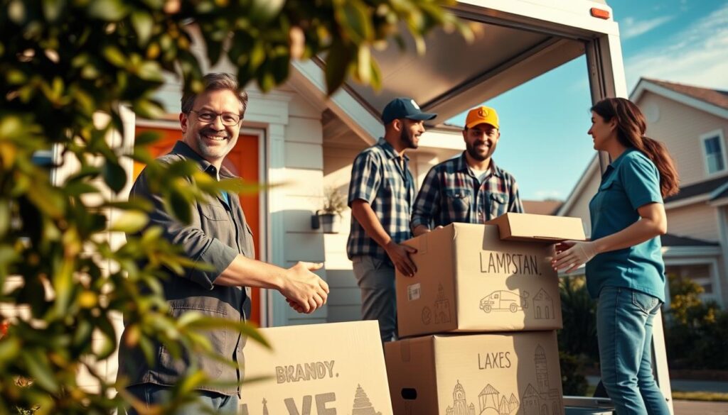 A welcoming community moving service scene depicting a diverse group of professional movers in modest casual clothing, showcasing teamwork and local expertise. In the foreground, a smiling mover shakes hands with a satisfied customer outside a cheerful suburban home, foliage framing the scene. In the middle ground, another mover is carefully packing a truck with neatly organized boxes labeled with local landmarks, highlighting their connection to the area. The background features a clear blue sky and friendly neighborhood houses, capturing a sense of belonging. Soft, warm lighting bathes the scene, creating an inviting atmosphere that emphasizes community commitment. The perspective is slightly low-angle, making the figures appear engaged and emphasizing their dedication to the task at hand.