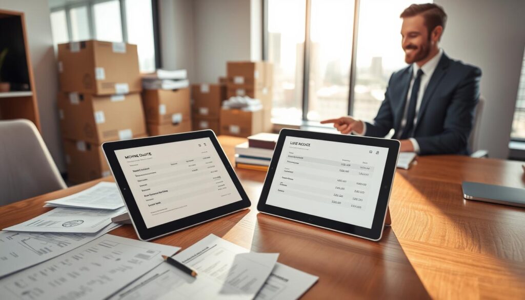 A well-organized, modern office environment serving as the backdrop for a professional moving services quote. In the foreground, a polished wooden desk cluttered with paperwork, including a sleek digital tablet displaying a quote for moving services from Dallas to Denison. To the side, a friendly and professional moving consultant in business attire is engaged in discussion with a customer, pointing to the tablet screen. The middle ground features stacks of moving boxes and packing supplies, subtly emphasizing the moving theme. The background shows a large window with natural light streaming in, casting soft shadows, and a view of a bustling cityscape outside. The overall mood is inviting and professional, conveying reliability and trust in the moving services.