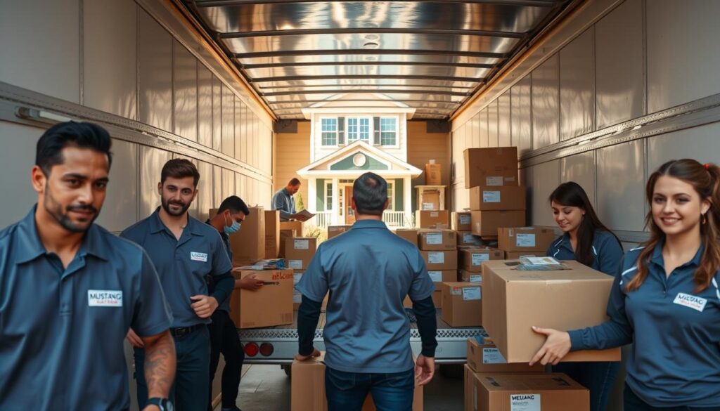 A well-organized moving scene showcasing the Mustang Moving process in action. In the foreground, a diverse group of professionally dressed movers, including men and women in company-branded uniforms, are carefully packing boxes and wrapping furniture. In the middle, a moving truck is parked, with its back open and partially filled with neatly stacked boxes labeled with various household items. In the background, a bright, sunny day illuminates a suburban neighborhood, with a welcoming home ready to receive the movers. The overall atmosphere is dynamic and efficient, conveying trust and reliability. The lighting is bright and natural, highlighting the professionalism of the crew as they work diligently to ensure a smooth transition. Shot from a slightly elevated angle to capture the entirety of the scene, creating a sense of organized movement and teamwork.