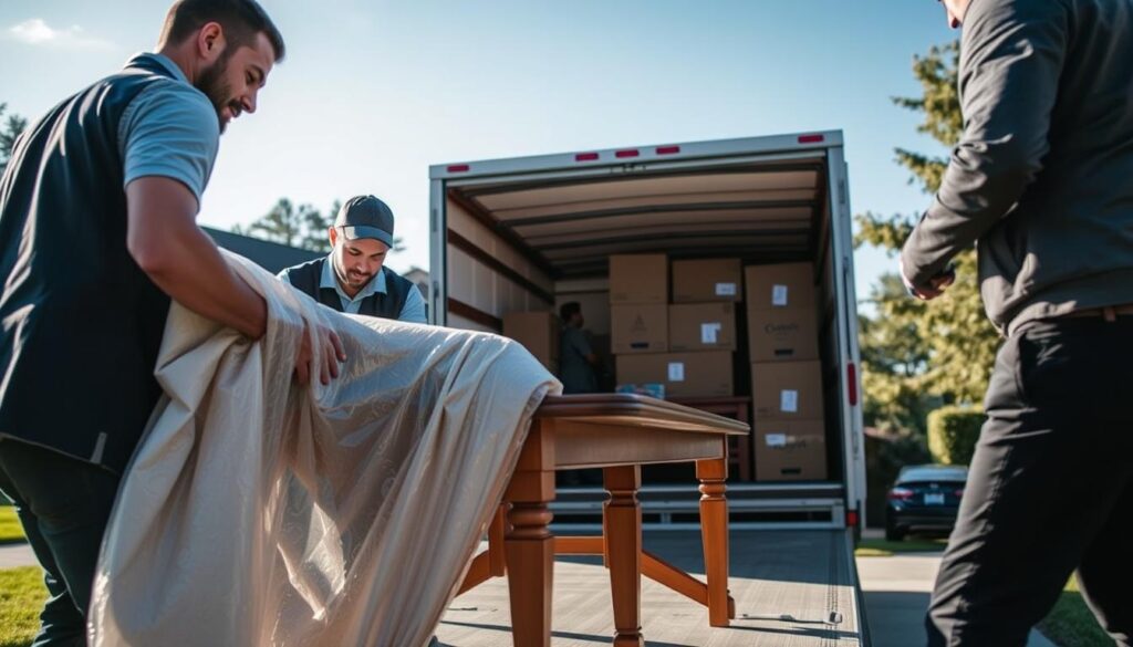 A well-organized moving service scene showcasing furniture protection during a relocation. In the foreground, a crew of two professional movers in business attire carefully wrapping a wooden dining table with bubble wrap and protective blankets. The middle ground features a moving truck with its back open, revealing additional furniture being securely loaded, with boxes neatly stacked and labeled. In the background, a suburban home is visible, framed by trees under a clear blue sky, suggesting a bright and pleasant day. Soft, natural lighting casts gentle shadows, enhancing the atmosphere of reliability and care in the moving process. The overall mood conveys professionalism, trust, and attention to detail in full-service moving options. A well-organized moving service scene showcasing furniture protection during a relocation. In the foreground, a crew of two professional movers in business attire carefully wrapping a wooden dining table with bubble wrap and protective blankets. The middle ground features a moving truck with its back open, revealing additional furniture being securely loaded, with boxes neatly stacked and labeled. In the background, a suburban home is visible, framed by trees under a clear blue sky, suggesting a bright and pleasant day. Soft, natural lighting casts gentle shadows, enhancing the atmosphere of reliability and care in the moving process. The overall mood conveys professionalism, trust, and attention to detail in full-service moving options.