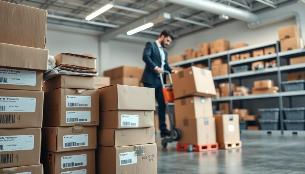 A well-organized packing and storage scene set in a bright, airy moving facility. In the foreground, a carefully arranged stack of labeled cardboard boxes, some sealed and others partially open, reveals household items like bubble wrap and packing peanuts. In the middle, a professional mover, dressed in a smart uniform, is gently loading furniture onto a moving dolly, with a sense of teamwork and efficiency. In the background, a spacious storage area with shelves neatly lined with bins and more boxes, well-lit by soft overhead lights, creating a warm and inviting atmosphere. The angle is slightly elevated, capturing the depth of the space while ensuring a clear view of the packing process. Emphasize the organized chaos of moving, conveying a sense of reliability and professionalism. A well-organized packing and storage scene set in a bright, airy moving facility. In the foreground, a carefully arranged stack of labeled cardboard boxes, some sealed and others partially open, reveals household items like bubble wrap and packing peanuts. In the middle, a professional mover, dressed in a smart uniform, is gently loading furniture onto a moving dolly, with a sense of teamwork and efficiency. In the background, a spacious storage area with shelves neatly lined with bins and more boxes, well-lit by soft overhead lights, creating a warm and inviting atmosphere. The angle is slightly elevated, capturing the depth of the space while ensuring a clear view of the packing process. Emphasize the organized chaos of moving, conveying a sense of reliability and professionalism.
