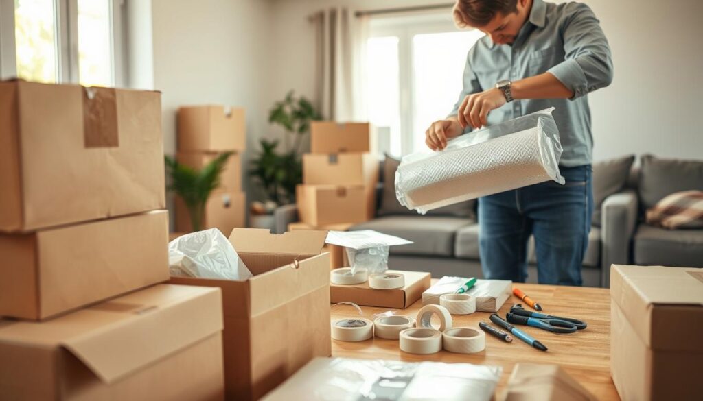 A well-organized packing scene in a bright, airy living room. In the foreground, several cardboard boxes of various sizes are neatly stacked, some partially closed, revealing bubble wrap and packing paper. A person dressed in professional casual attire, such as a collared shirt and jeans, is carefully wrapping fragile items in bubble wrap, demonstrating precision and care. In the middle ground, a wooden table holds neatly arranged packing supplies: rolls of tape, markers, and scissors. The background features a sunny window with light streaming in, illuminating the space and creating a warm, welcoming atmosphere. The scene conveys a sense of meticulous organization and efficiency in the packing process. No text or branding visible. A well-organized packing scene in a bright, airy living room. In the foreground, several cardboard boxes of various sizes are neatly stacked, some partially closed, revealing bubble wrap and packing paper. A person dressed in professional casual attire, such as a collared shirt and jeans, is carefully wrapping fragile items in bubble wrap, demonstrating precision and care. In the middle ground, a wooden table holds neatly arranged packing supplies: rolls of tape, markers, and scissors. The background features a sunny window with light streaming in, illuminating the space and creating a warm, welcoming atmosphere. The scene conveys a sense of meticulous organization and efficiency in the packing process. No text or branding visible.
