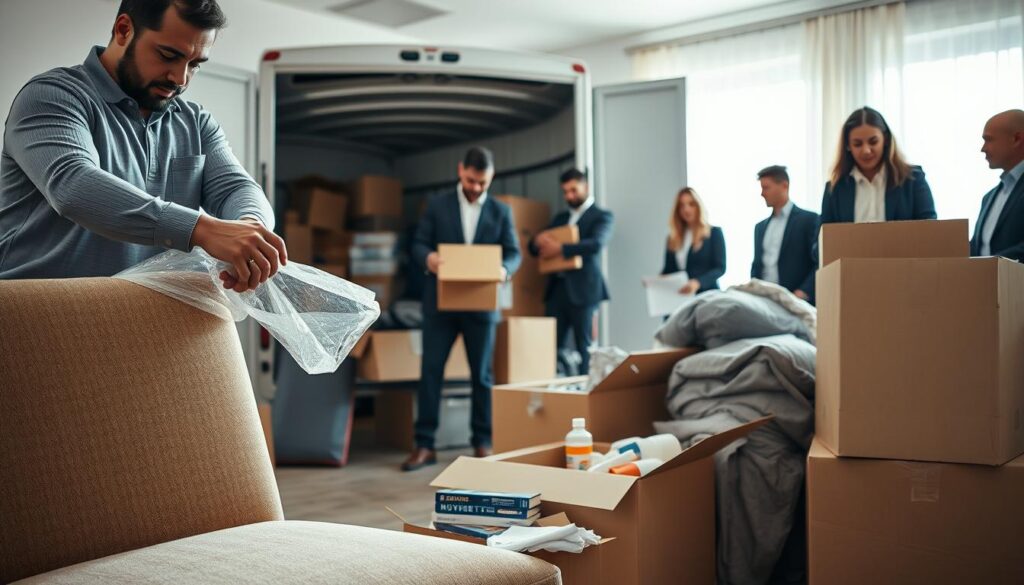 A well-organized packing scene that showcases the professionalism of movers, with a close-up of a diverse team of movers in smart, professional attire, carefully wrapping furniture and packing boxes. In the foreground, a mover gently wraps a chair in bubble wrap, showcasing attention to detail and care. In the middle ground, several open moving boxes are filled with household items like books, kitchenware, and blankets, emphasizing an efficient packing process. The background features a partially loaded moving truck, ready for the next step in the moving journey. The scene is brightly lit with natural daylight streaming through a nearby window, creating a warm and inviting atmosphere. The angle is slightly elevated, providing an overview of the organized packing area, capturing a sense of teamwork and reliability.