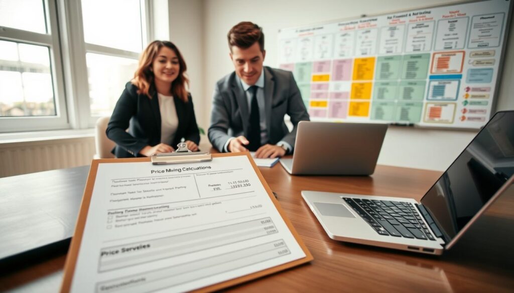 A well-organized, professional workspace focused on pricing strategies for moving services. In the foreground, a neatly arranged table displaying an elegant clipboard with a detailed pricing sheet, a calculator, and a laptop with a price calculation tool open. In the middle, a confident, professional man and woman, dressed in business attire, are engaged in a discussion over the table, reviewing the documents. The background shows a large whiteboard filled with colorful charts and timelines related to planning and timing a stress-free move. The room is brightly lit with natural sunlight streaming through a window, creating a warm, inviting atmosphere. The angle is slightly overhead, capturing the collaborative energy and focused environment, making the viewer feel welcomed into the planning process. A well-organized, professional workspace focused on pricing strategies for moving services. In the foreground, a neatly arranged table displaying an elegant clipboard with a detailed pricing sheet, a calculator, and a laptop with a price calculation tool open. In the middle, a confident, professional man and woman, dressed in business attire, are engaged in a discussion over the table, reviewing the documents. The background shows a large whiteboard filled with colorful charts and timelines related to planning and timing a stress-free move. The room is brightly lit with natural sunlight streaming through a window, creating a warm, inviting atmosphere. The angle is slightly overhead, capturing the collaborative energy and focused environment, making the viewer feel welcomed into the planning process.