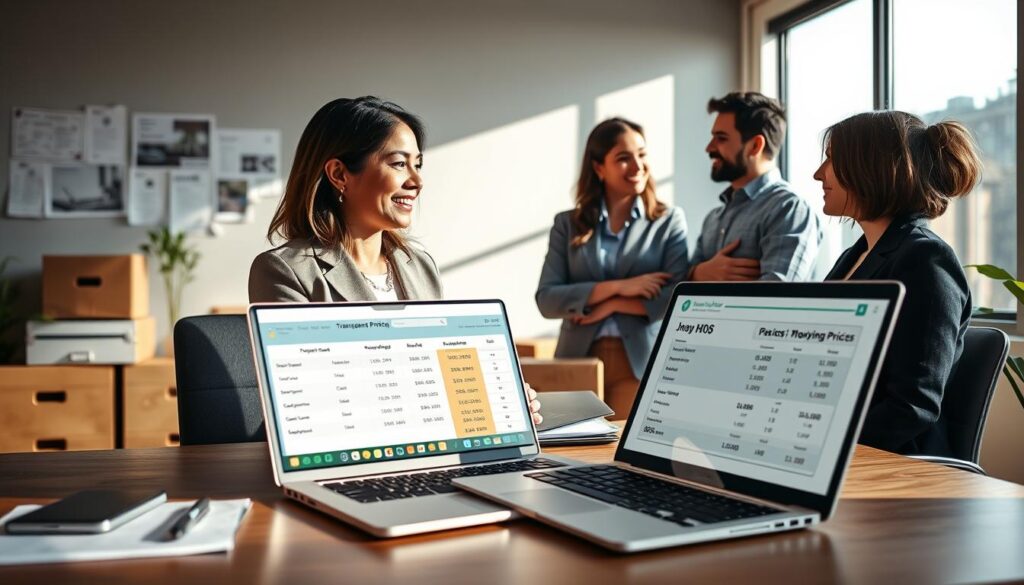 A well-organized scene in a professional office environment, showcasing a friendly moving consultant discussing transparent pricing and providing an accurate estimate. In the foreground, a neatly arranged desk with a laptop open, displaying visuals of moving quotes and calculators. Middle ground features the consultant, a middle-aged Hispanic woman in business attire, engaging with a young couple, dressed casually but smartly, looking reassured and interested. The background portrays a wall with moving-related articles and a large window allowing natural light to flood the space, creating an inviting atmosphere. Soft shadows enhance a mood of professionalism and trust. The image should capture a sense of clarity, openness, and reliability in the moving service being offered. A well-organized scene in a professional office environment, showcasing a friendly moving consultant discussing transparent pricing and providing an accurate estimate. In the foreground, a neatly arranged desk with a laptop open, displaying visuals of moving quotes and calculators. Middle ground features the consultant, a middle-aged Hispanic woman in business attire, engaging with a young couple, dressed casually but smartly, looking reassured and interested. The background portrays a wall with moving-related articles and a large window allowing natural light to flood the space, creating an inviting atmosphere. Soft shadows enhance a mood of professionalism and trust. The image should capture a sense of clarity, openness, and reliability in the moving service being offered.