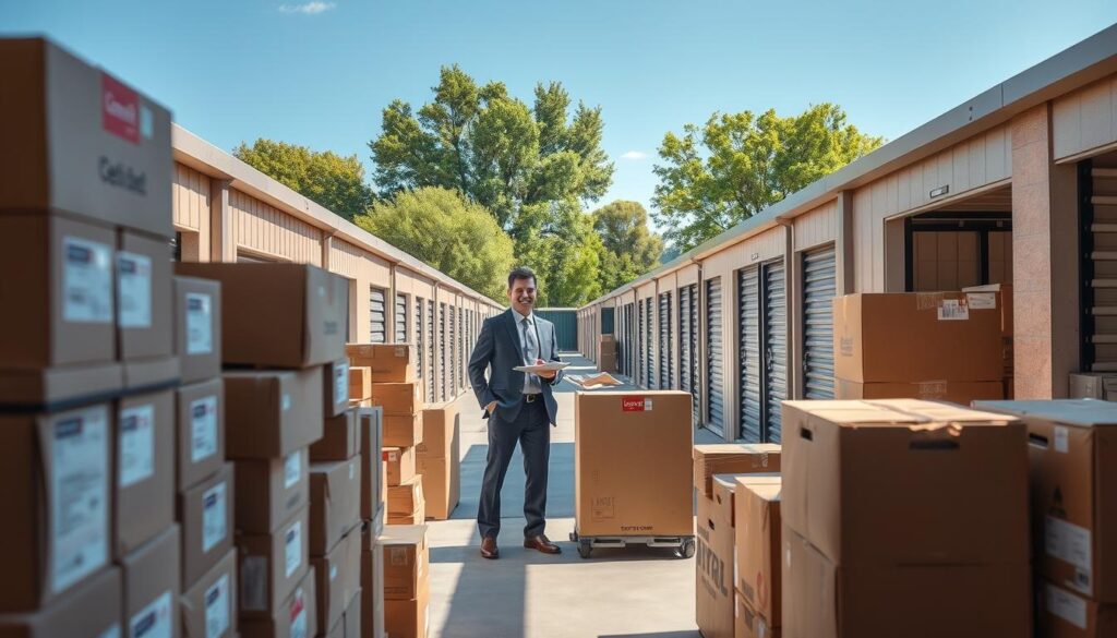 A well-organized storage facility in Cedar Hill, showcasing various flexible storage solutions. In the foreground, there are neatly stacked boxes and labeled storage units, with a friendly, professional employee in business attire assisting a customer. In the middle, a range of storage options is visible, including spacious climate-controlled units, modular shelving, and mobile storage containers, all in a bright, inviting environment. The background features the exterior of the storage facility with greenery and trees typical of Cedar Hill, under a clear blue sky. Soft, natural lighting bathes the scene, creating a welcoming and reliable atmosphere, perfect for supporting a smooth moving timeline. The angle is slightly elevated, capturing the full scope of the storage solutions while maintaining focus on the customer service experience. A well-organized storage facility in Cedar Hill, showcasing various flexible storage solutions. In the foreground, there are neatly stacked boxes and labeled storage units, with a friendly, professional employee in business attire assisting a customer. In the middle, a range of storage options is visible, including spacious climate-controlled units, modular shelving, and mobile storage containers, all in a bright, inviting environment. The background features the exterior of the storage facility with greenery and trees typical of Cedar Hill, under a clear blue sky. Soft, natural lighting bathes the scene, creating a welcoming and reliable atmosphere, perfect for supporting a smooth moving timeline. The angle is slightly elevated, capturing the full scope of the storage solutions while maintaining focus on the customer service experience.