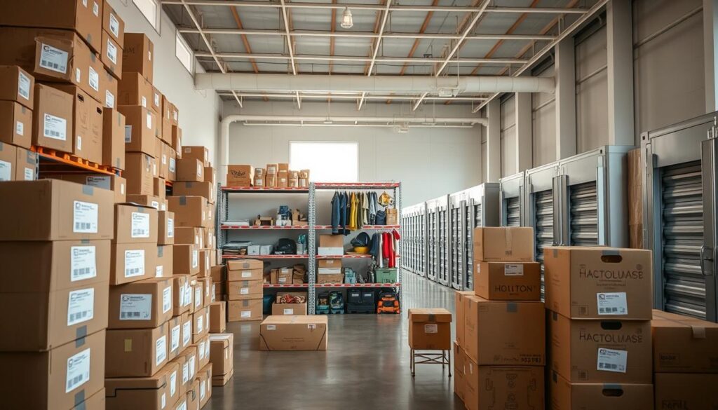 A well-organized storage facility showcasing various storage solutions. In the foreground, neatly stacked boxes in diverse sizes, all labeled for easy identification. In the middle, sturdy shelving units filled with items like home decor, tools, and seasonal clothing, creating a sense of order and accessibility. The background features a well-lit area with modern storage containers and a clean, spacious environment, highlighting the flexibility and safety of the storage space. Soft, natural lighting filters in through large windows, casting gentle shadows, and creating a welcoming atmosphere. The overall mood is efficient and serene, emphasizing a reliable and secure storage experience for customers during their move.