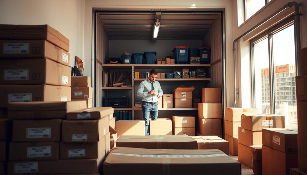 A well-organized storage space showcasing various storage solutions for a moving service. In the foreground, neatly stacked boxes of different sizes, labeled for easy identification. The middle layer features a spacious storage unit with shelves holding tools, packing supplies, and secure storage containers. A professional individual in casual business attire is seen carefully inspecting the items, ensuring everything is organized. In the background, soft natural lighting filters through large windows, casting warm shadows that enhance the atmosphere of security and reliability. The setting conveys a sense of efficiency and trustworthiness, ideal for a moving and storage context.