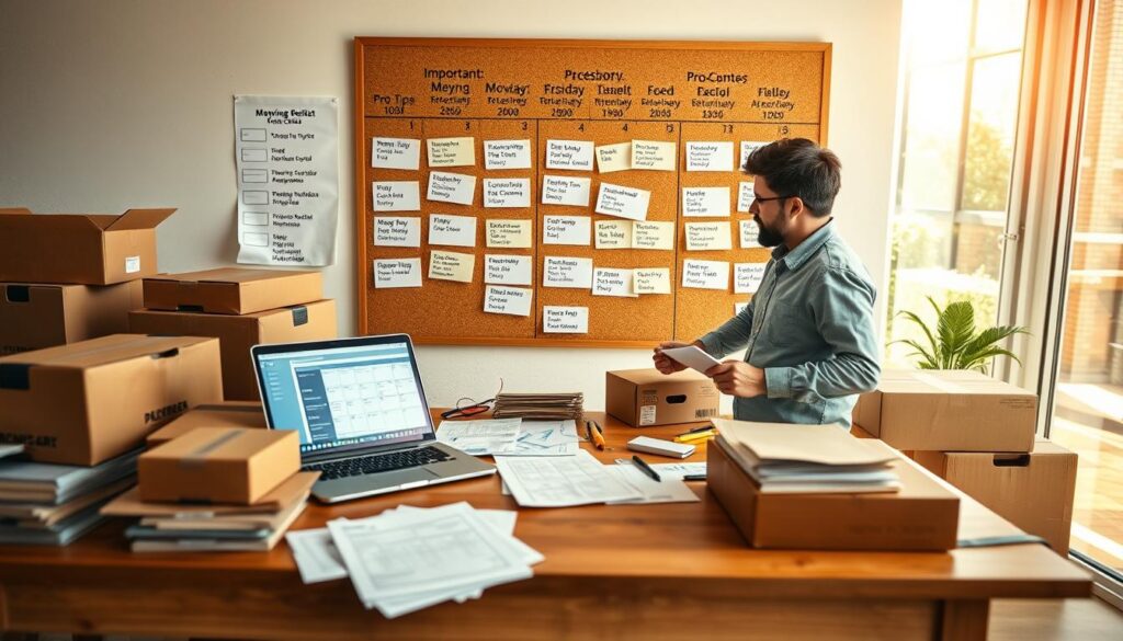 A well-organized workspace is depicted with a wooden desk in the foreground, cluttered with moving boxes, a laptop displaying a digital timeline, and a calendar marked with important dates. Two professionals in modest casual clothing discuss plans over a detailed moving checklist, surrounded by packing materials. In the middle ground, a large corkboard showcases a color-coded timeline filled with important moving dates and pro tips, emphasizing organization. The background features a large window letting in warm, natural light, giving the scene an inviting and productive atmosphere. A subtle depth of field focuses on the foreground activities, while soft lighting enhances the mood of careful planning and teamwork. The overall composition conveys a sense of reliability and professionalism in the moving process. A well-organized workspace is depicted with a wooden desk in the foreground, cluttered with moving boxes, a laptop displaying a digital timeline, and a calendar marked with important dates. Two professionals in modest casual clothing discuss plans over a detailed moving checklist, surrounded by packing materials. In the middle ground, a large corkboard showcases a color-coded timeline filled with important moving dates and pro tips, emphasizing organization. The background features a large window letting in warm, natural light, giving the scene an inviting and productive atmosphere. A subtle depth of field focuses on the foreground activities, while soft lighting enhances the mood of careful planning and teamwork. The overall composition conveys a sense of reliability and professionalism in the moving process.