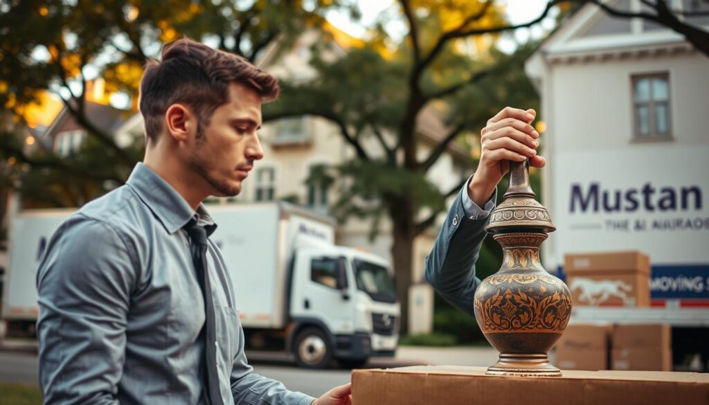 Specialty item handling scene set in Highland Park, Dallas, showcasing professional movers carefully packing and transporting delicate antiques. Foreground features a focused mover in smart business attire, gently lifting an ornate vase, emphasizing attention to detail. Middle ground includes a moving truck with the Mustang Moving logo parked beside a charming Highland Park home, displaying serene, tree-lined streets. Background highlights elegant architecture of the neighborhood, bathed in warm, golden hour lighting, creating a welcoming and safe atmosphere. Use a shallow depth of field to emphasize the mover and the vase, with soft focus on the surroundings, evoking a sense of care and professionalism unique to specialty item handling. Specialty item handling scene set in Highland Park, Dallas, showcasing professional movers carefully packing and transporting delicate antiques. Foreground features a focused mover in smart business attire, gently lifting an ornate vase, emphasizing attention to detail. Middle ground includes a moving truck with the Mustang Moving logo parked beside a charming Highland Park home, displaying serene, tree-lined streets. Background highlights elegant architecture of the neighborhood, bathed in warm, golden hour lighting, creating a welcoming and safe atmosphere. Use a shallow depth of field to emphasize the mover and the vase, with soft focus on the surroundings, evoking a sense of care and professionalism unique to specialty item handling.